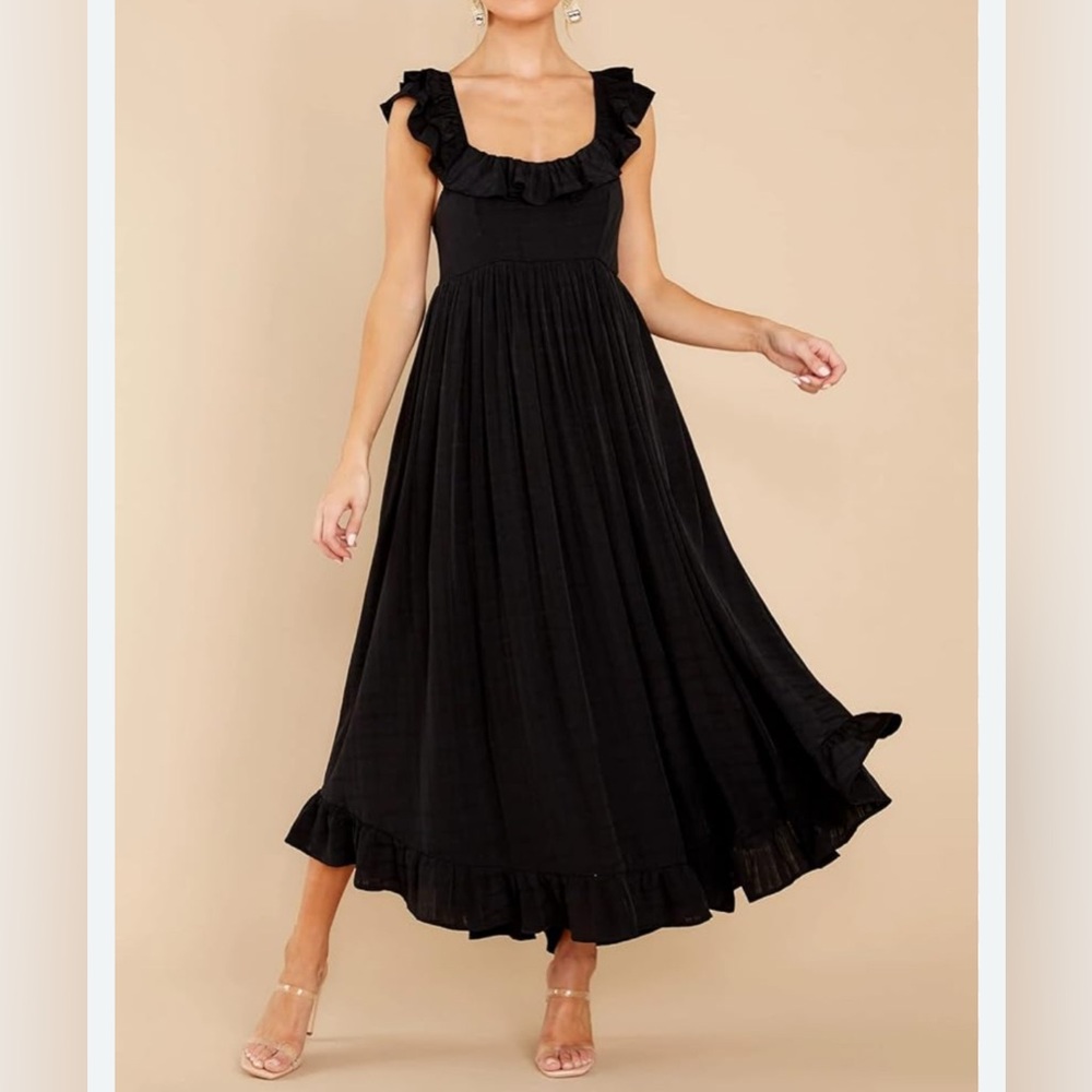 Entro Women Black Ruffle Hem Open Tie Back Sleeveless Midi Dress Size S